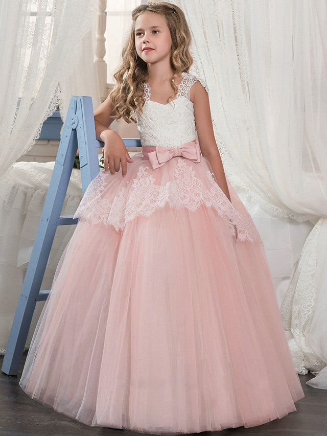 Lace Tulle Flower Girl Dress with Bow Splicing - Sleeveless Square Neck Floor Length