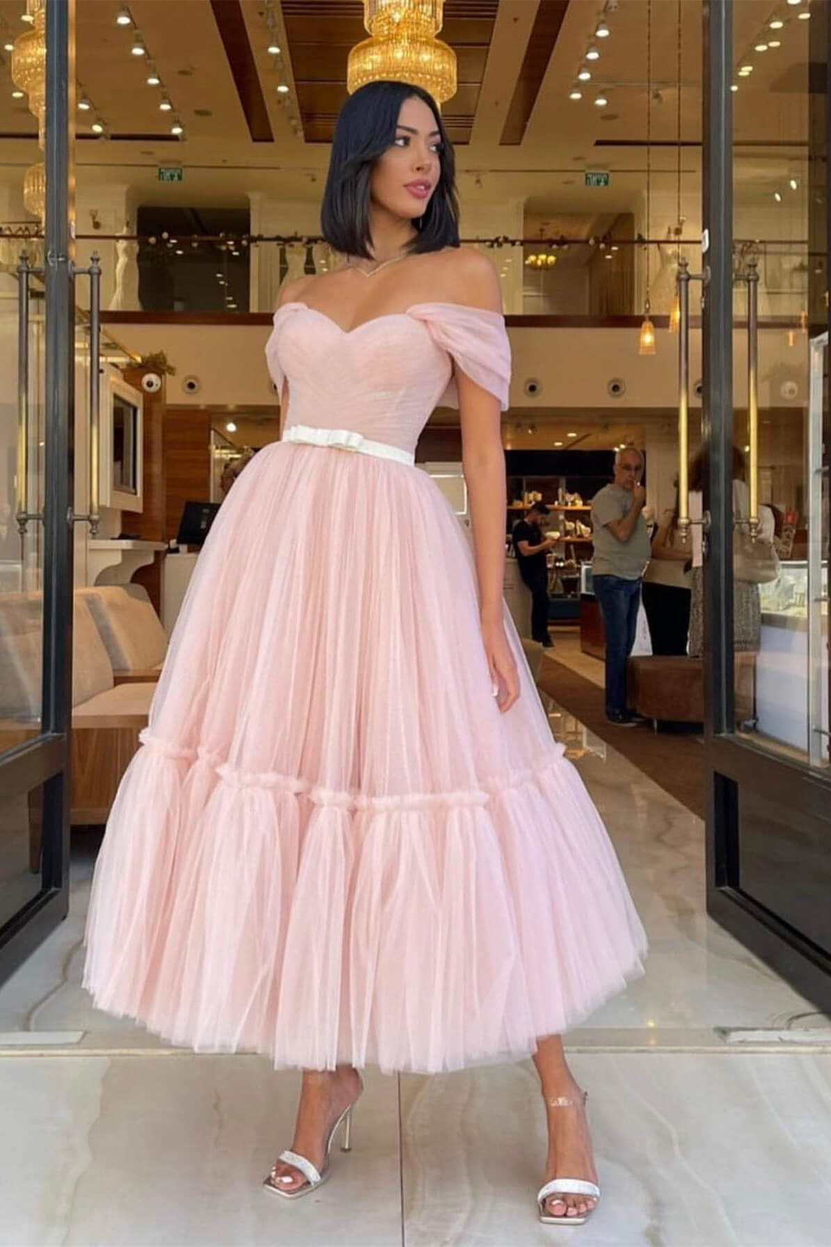 Light Pink Off-The-Shoulder Tulle Prom Dress With Belts Sweetheart