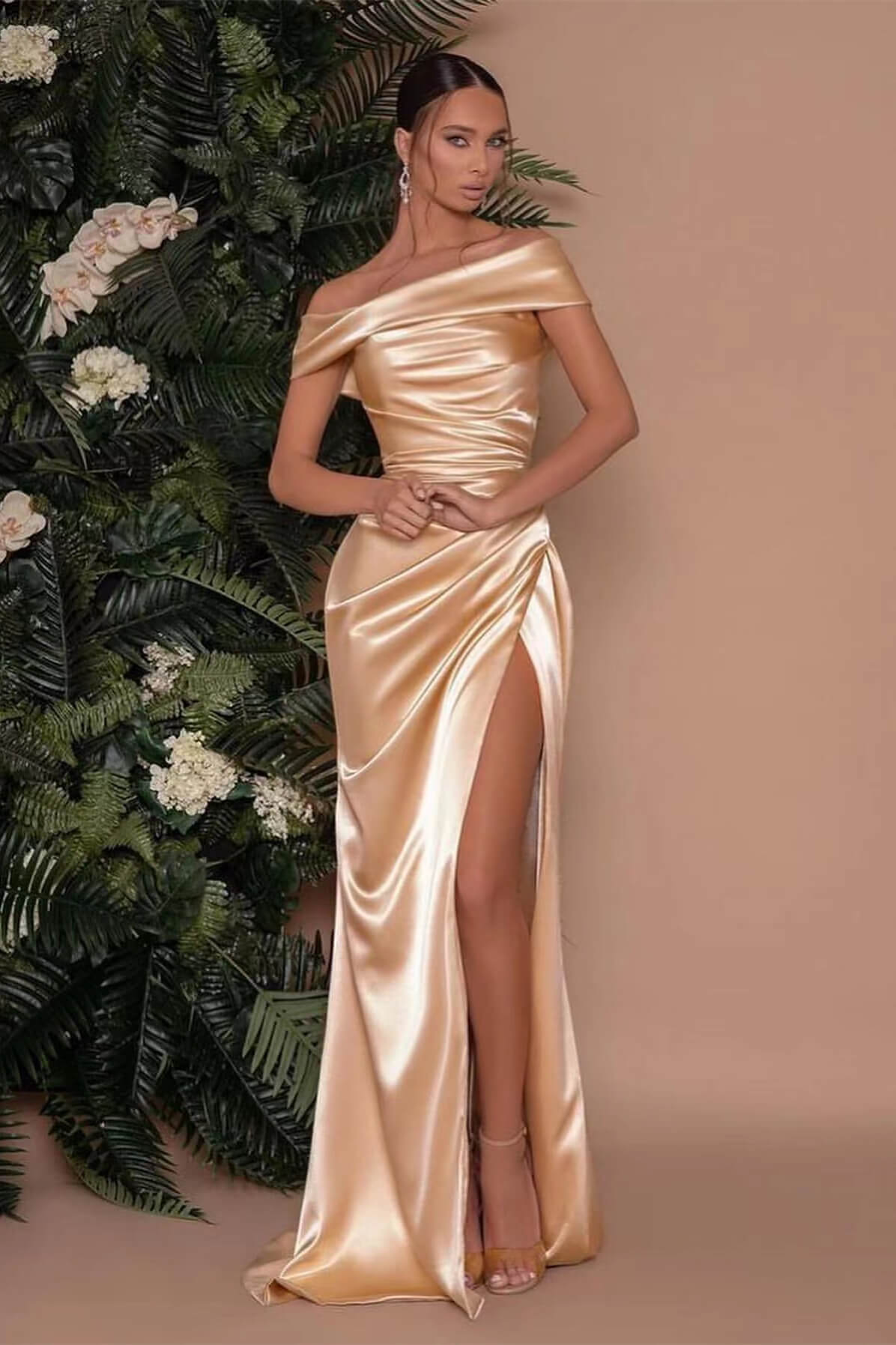 Charm in Style with the Champagne Off The Shoulder Prom Dress Charmeuse Split Mermaid