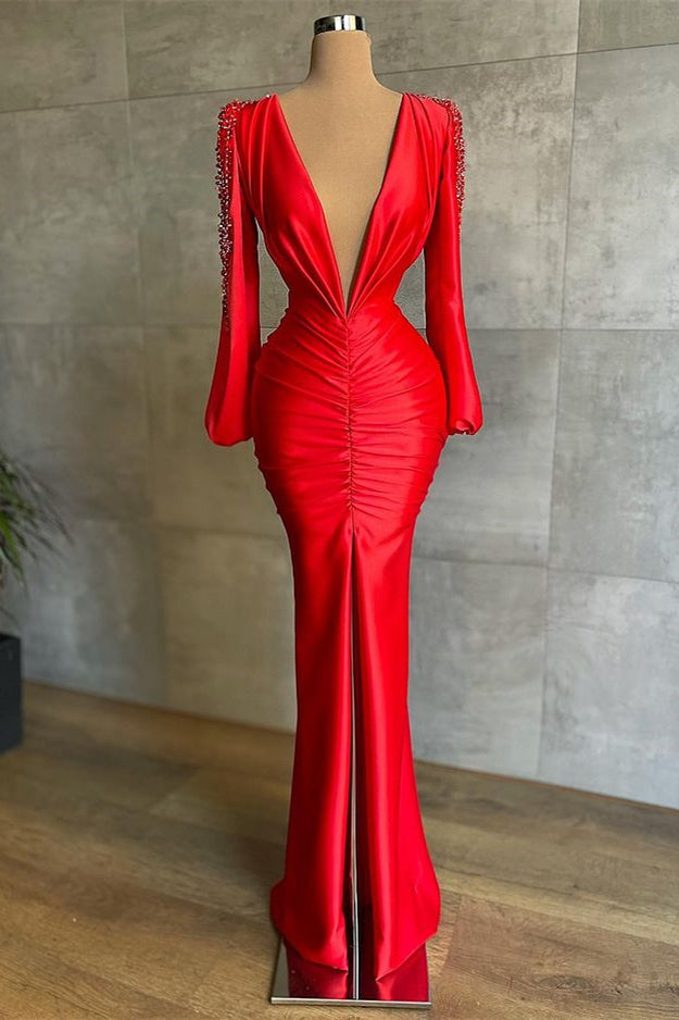 Red Mermaid Deep V-Neck Long Sleeve Prom Dress