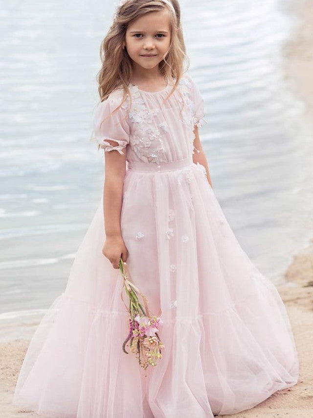 Half Sleeve A-Line Flower Girl Dress with Tulle and Appliques