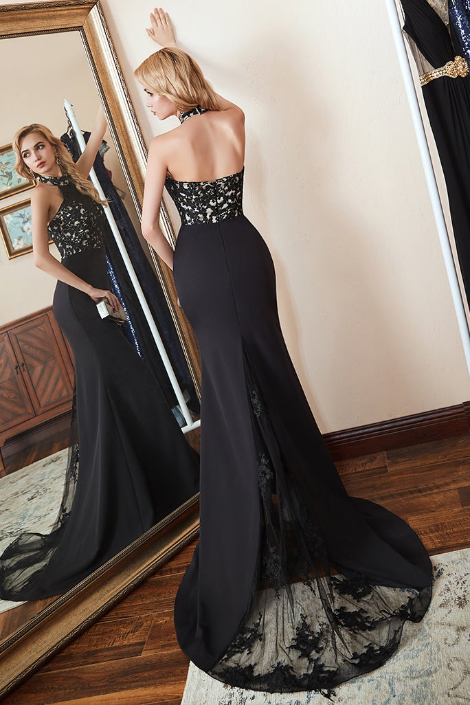 High-Neck Mermaid Prom Dress with Black Appliques