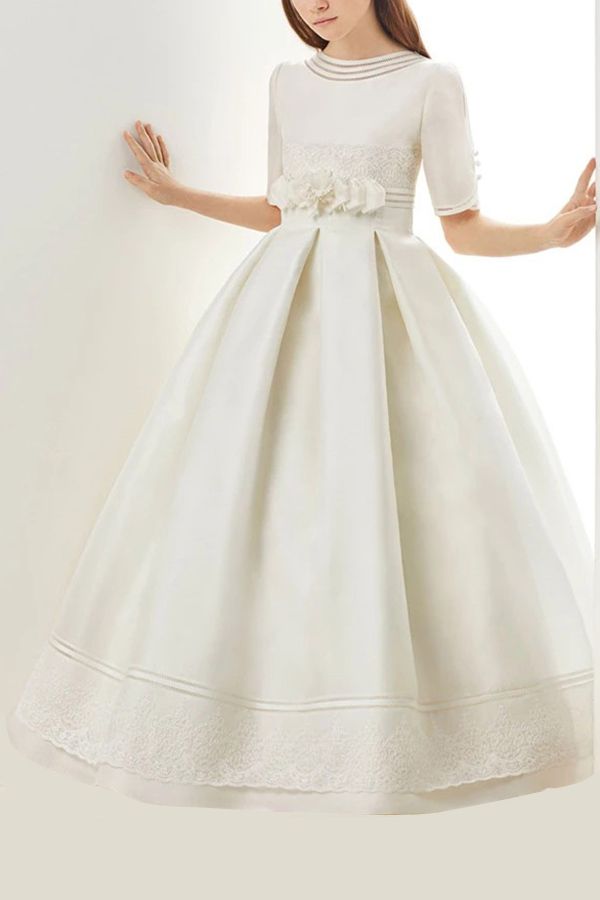 Jewel Neck Half Sleeves Flower Girl Dress with Lace Handmade Flowers Ruffles