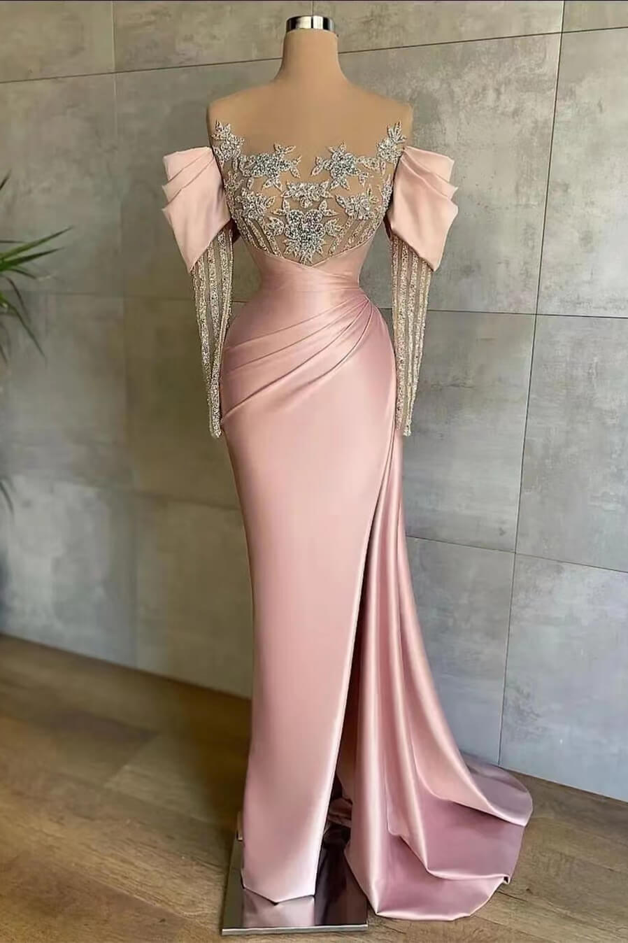 Mermaid Prom Dress with Beadings and Appliques - Off-The-Shoulder Pink Front Split Long Sleeves