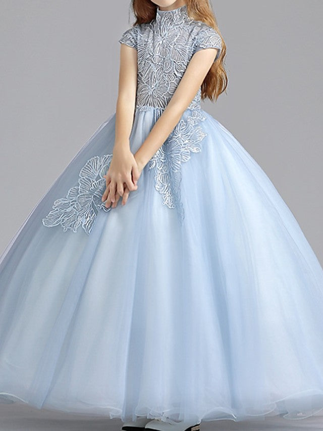 Short Sleeve High Neck Ball Gown with Ruching for Flower Girls