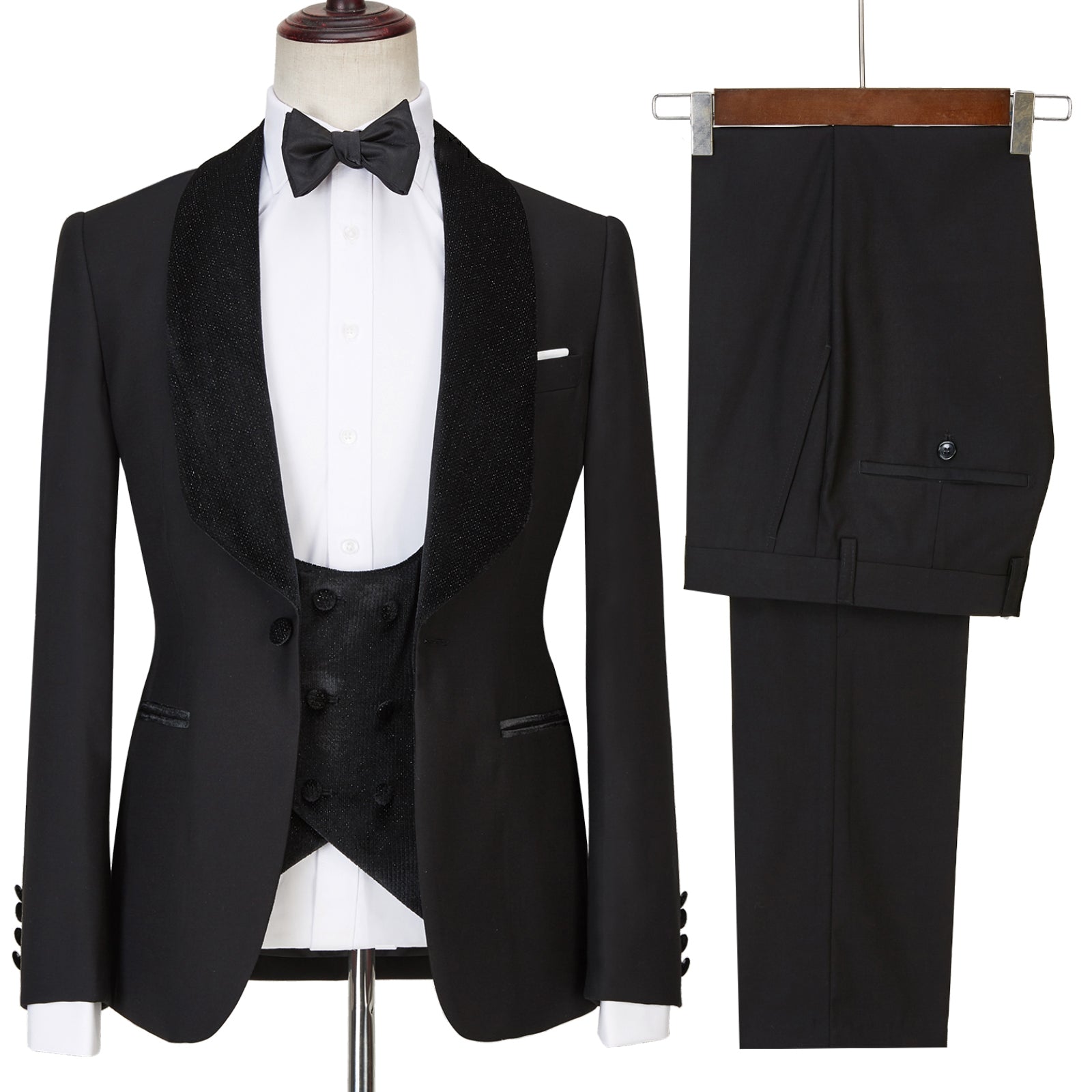 Look Stylish with Jose Modern Three Pieces Black Shawl Lapel Sparkle Men Wedding Suits