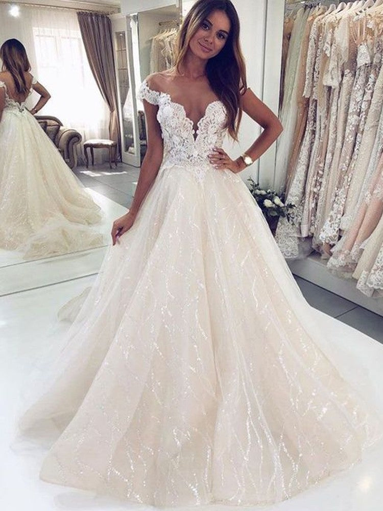 Luxury Long A-line Tulle Open Back Wedding Dress With Off-the-shoulder