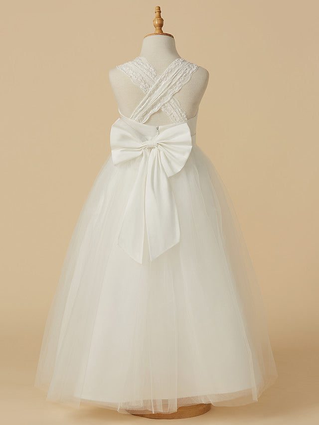 Princess Sleeveless Halter Neck Floor Length Flower Girl Dress with Lace Satin Tulle and Bow