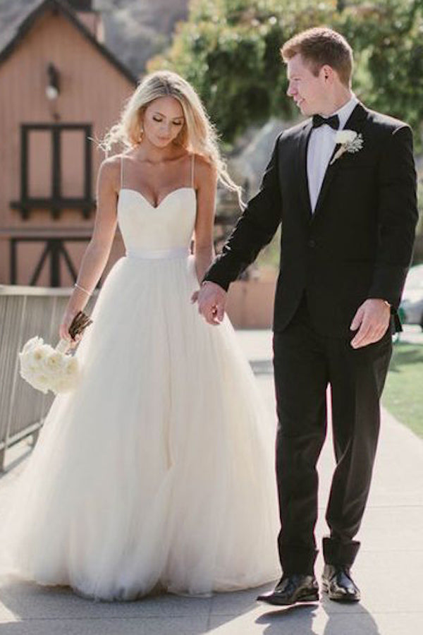 Stunning Tulle Long Spaghetti-Straps Wedding Dress