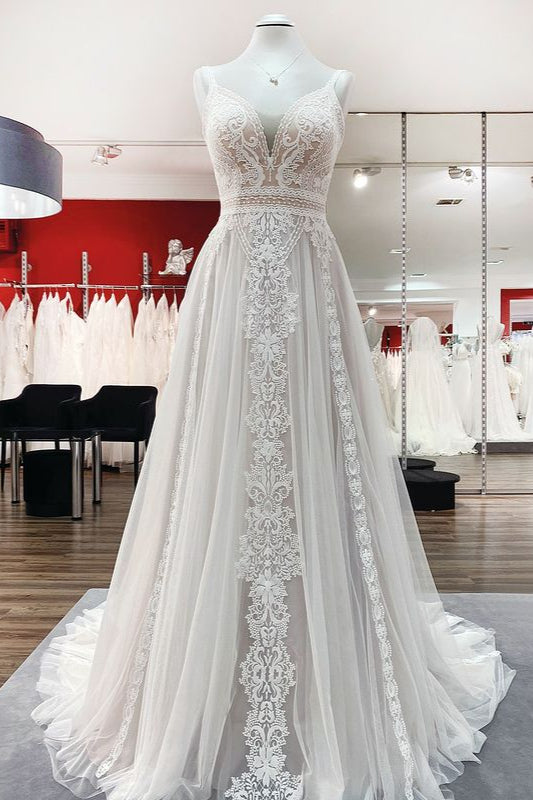 Elegant A-Line Ruffles Tulle Lace Open Back Long Wedding Dress