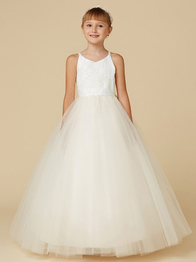 Sleeveless Lace Tulle Flower Girl Dress with Bow Appliques