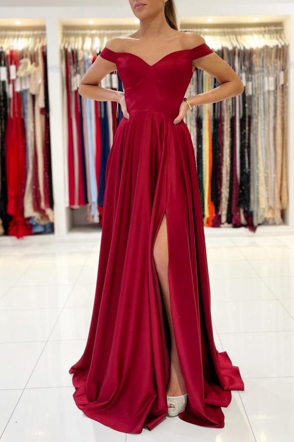 Burgundy Off-the-Shoulder Prom Dress with Slit