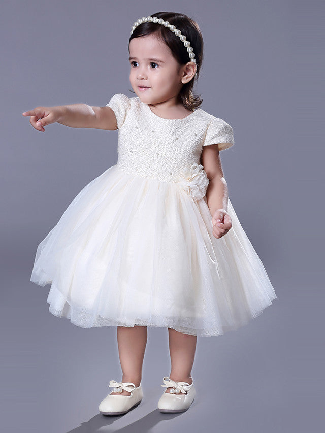 Short Sleeve Beading and Lace Flower Girl Dress with Belt