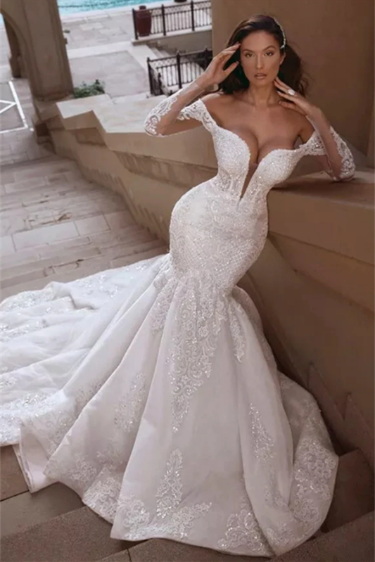 Long Sleeves Mermaid Off-the-Shoulder Wedding Dress with Beads and Lace Appliques