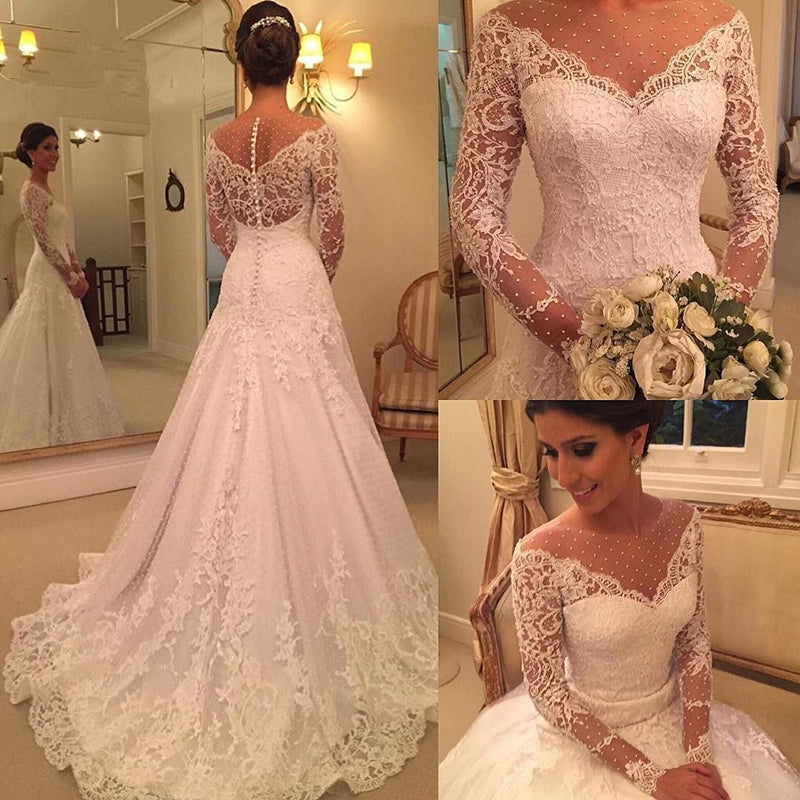 Glamorous Lace Appliques With Pearls Wedding Dress for Princesses