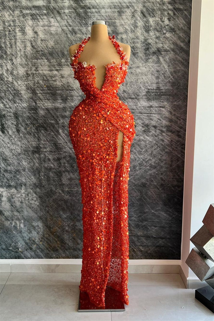 Red Halter Deep V-Neck Mermaid Evening Dress with Rhinestone Slit