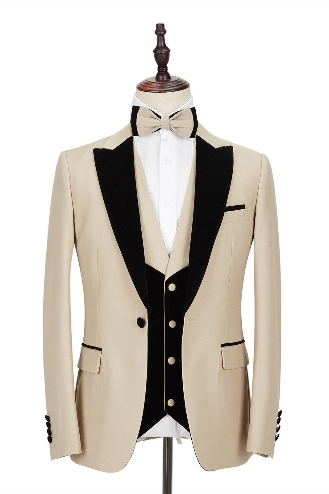 Fashion Champagne Marriage Suit for Men - Velvet Black Peak Lapel