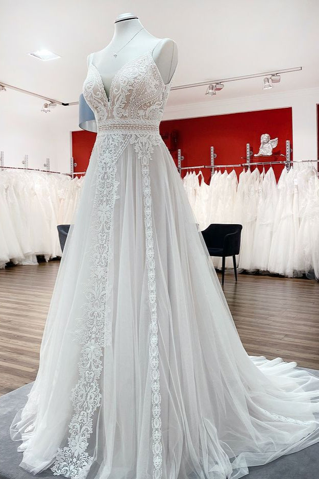 Elegant A-Line Ruffles Tulle Lace Open Back Long Wedding Dress