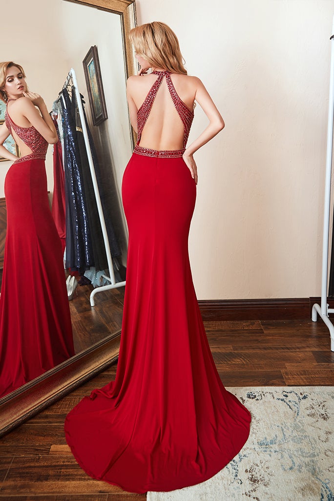 Mermaid Prom Dress with Red Beadings Halter