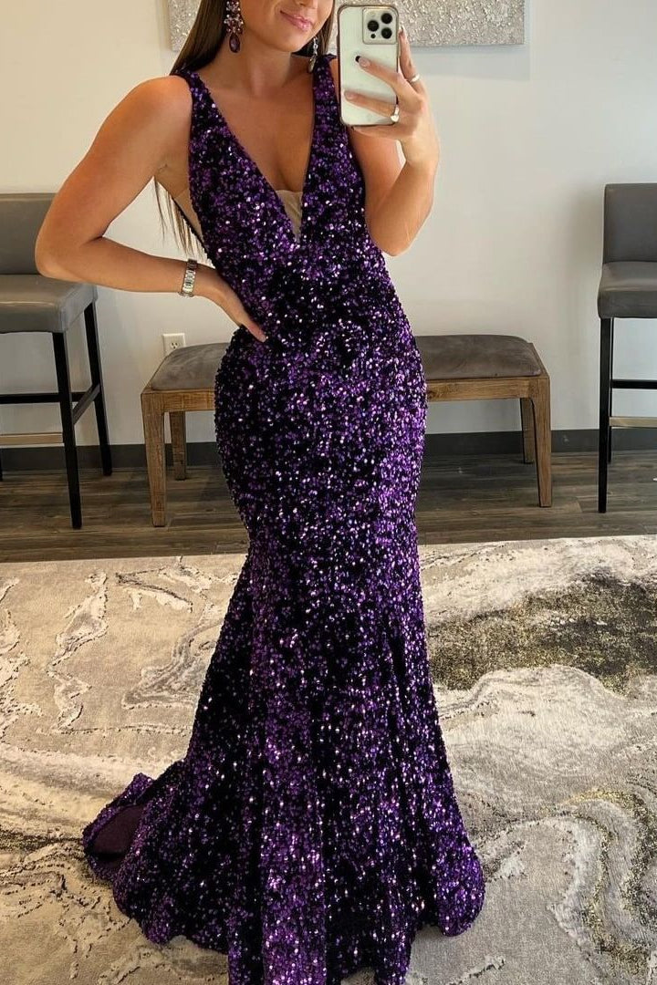 V-Neck Long Mermaid Prom Dress with Sequins - Purple