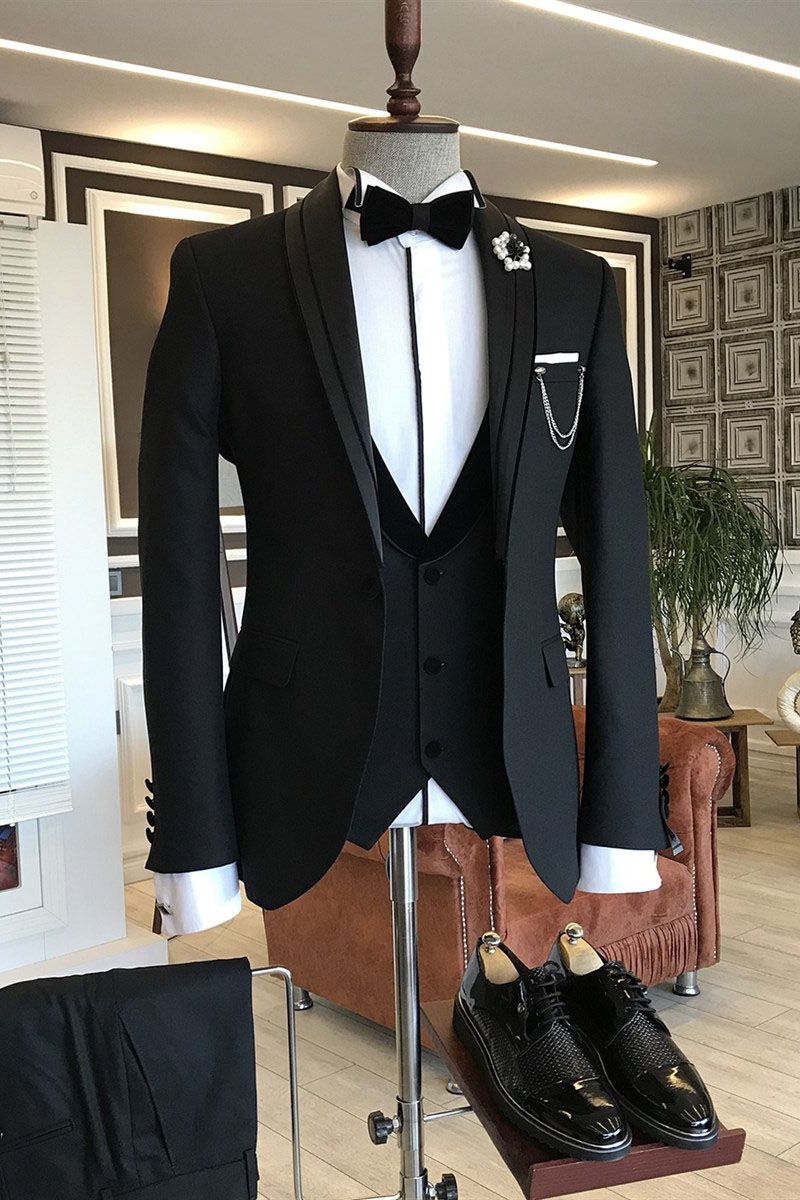 Earl Classic 3-pieces Black Shawl Lapel Wedding Suit - Perfect Choice for Grooms