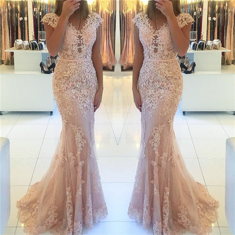 Mermaid Cap Sleeve Prom Dress with Appliques