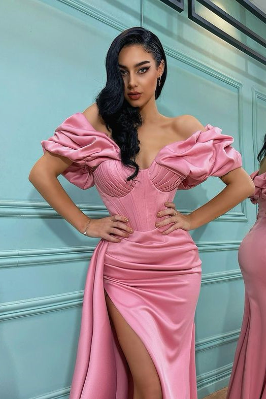 Mermaid Off-the-Shoulder Split Prom Dress in Pink