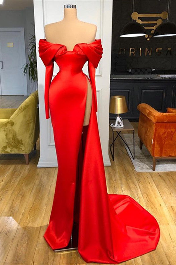 Glamorous Red Mermaid Prom Dress with Off-The-Shoulder Long Sleeves