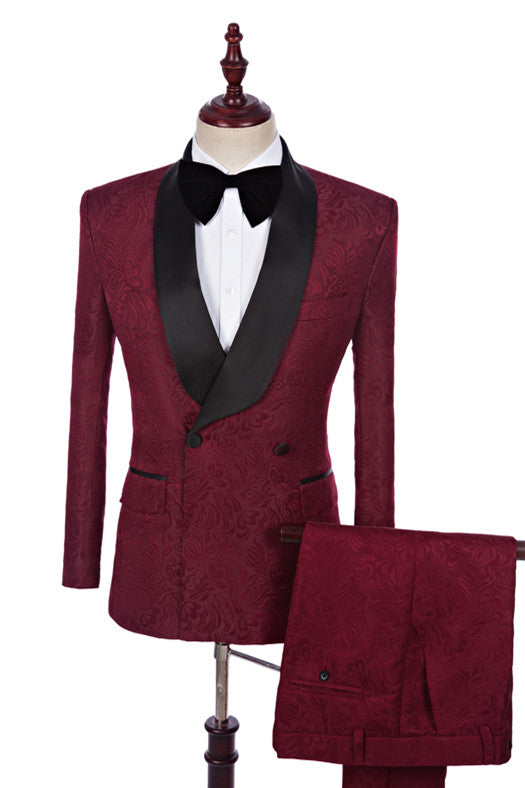 Romantic Burgundy Jacquard Double Breasted Best Fitted Wedding Tuxedo