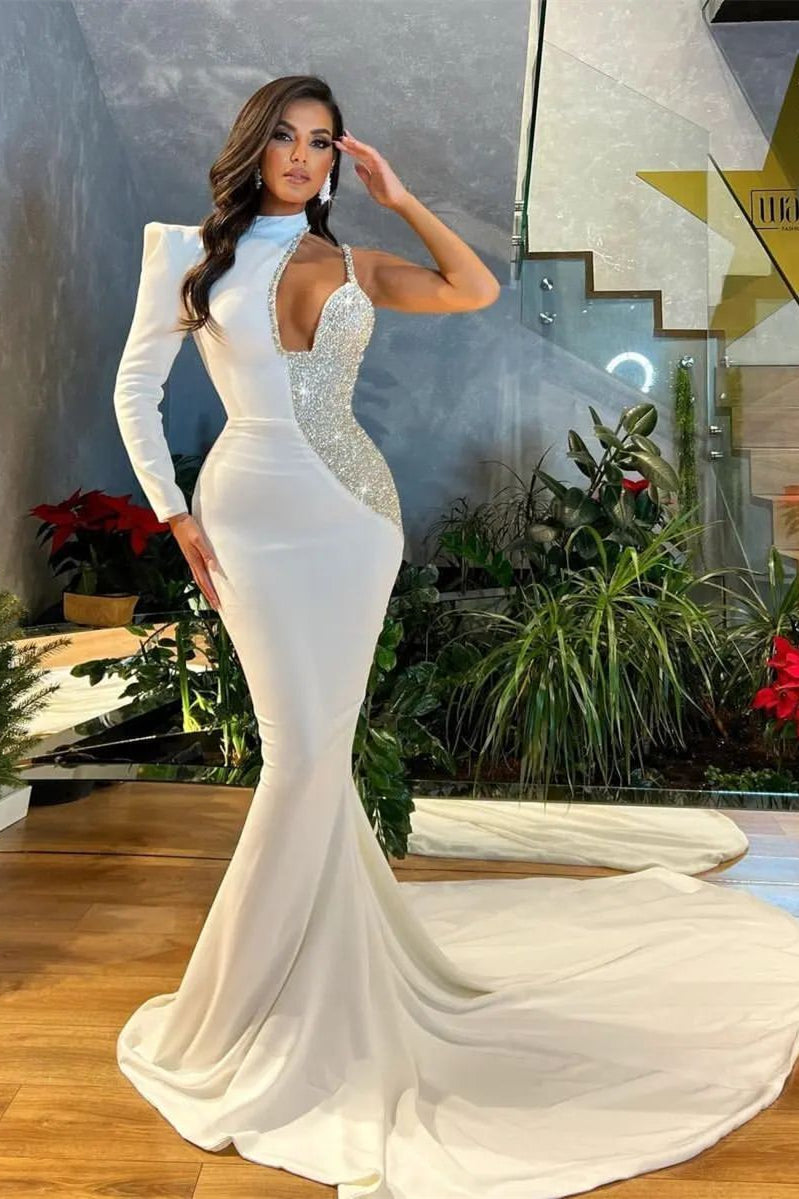 Stunning White Sequins Mermaid Prom Dress with One Shoulder