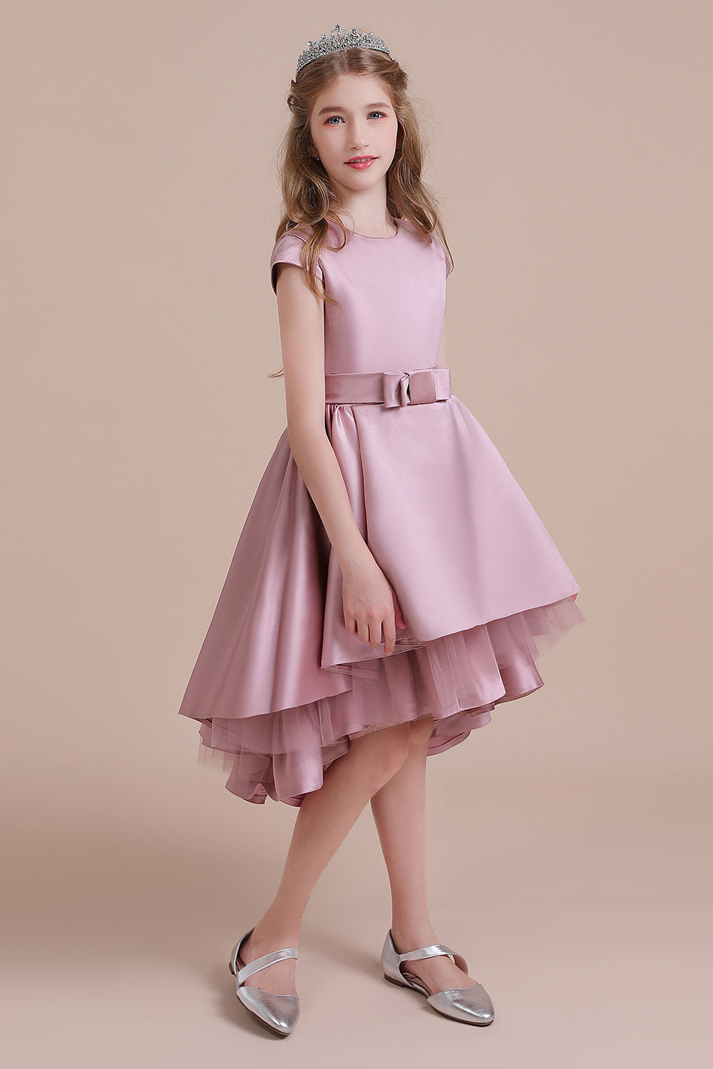 Lovely A-line Satin Hi-Lo Dusty Pink Flower Girl Dress with Cap Sleeves