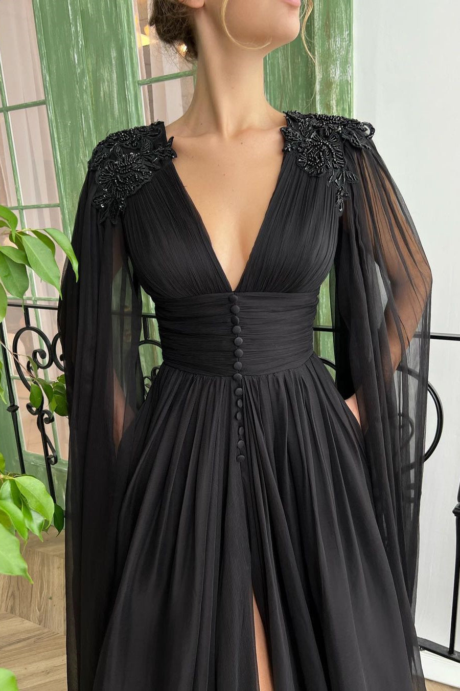 Elegant Black Tulle Evening Dress with Deep V Neck, Front Slit, and Ruffle Sleeves