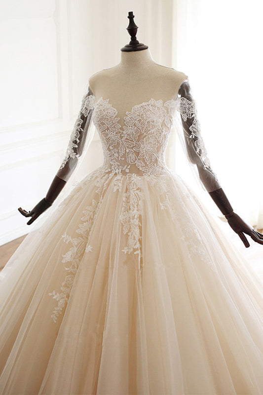 Chic Sweetheart Long Wedding Dress with Tulle Lace Sleeves