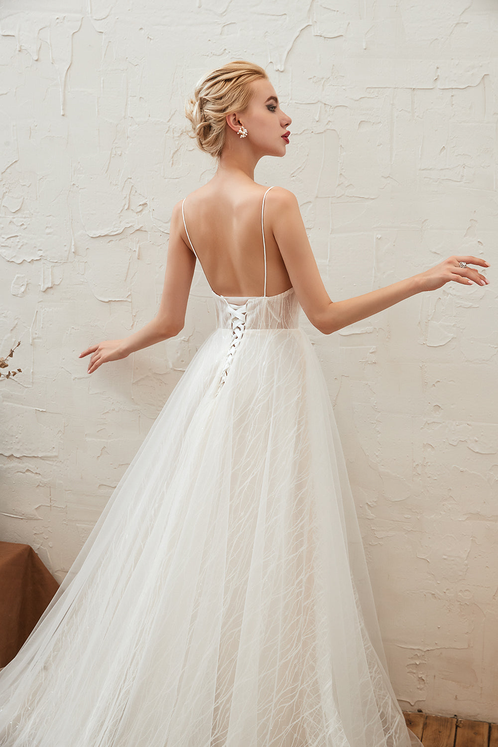 Classy A-Line Wedding Dress With Deep V-neck, Open Back and Lace Tulle Floor-length