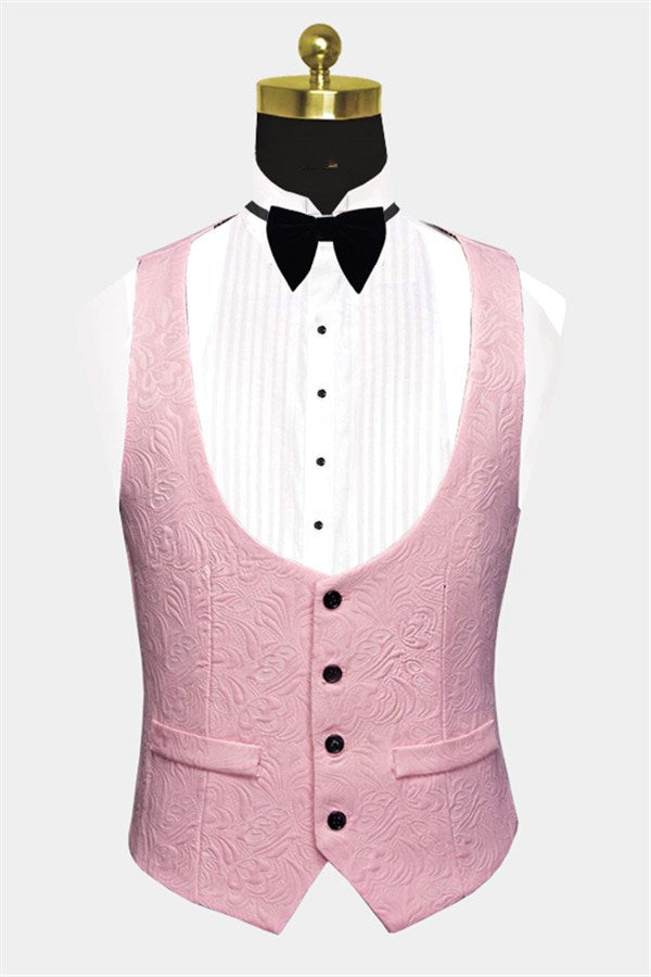 3 Piece Black Lapel Suit for Men's Wedding with Pink Jacquard