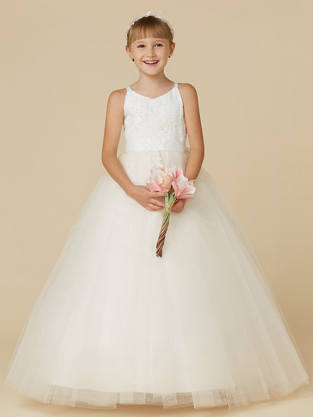 Sleeveless Lace Tulle Flower Girl Dress with Bow Appliques