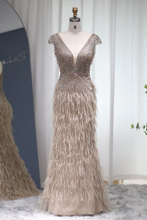 Sexy V Neck Mermaid Evening Dress With Diamond Feathers