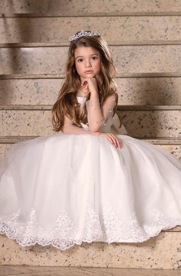 A-line Bateau Long Sleeve Flower Girl Dress with Tulle Appliques and Pearls