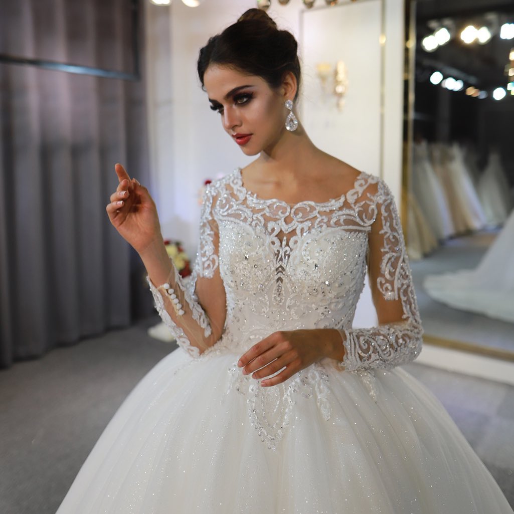 Gorgeous A-Line Bateau Long Sleeves Wedding Dress with Appliques Lace Sequins