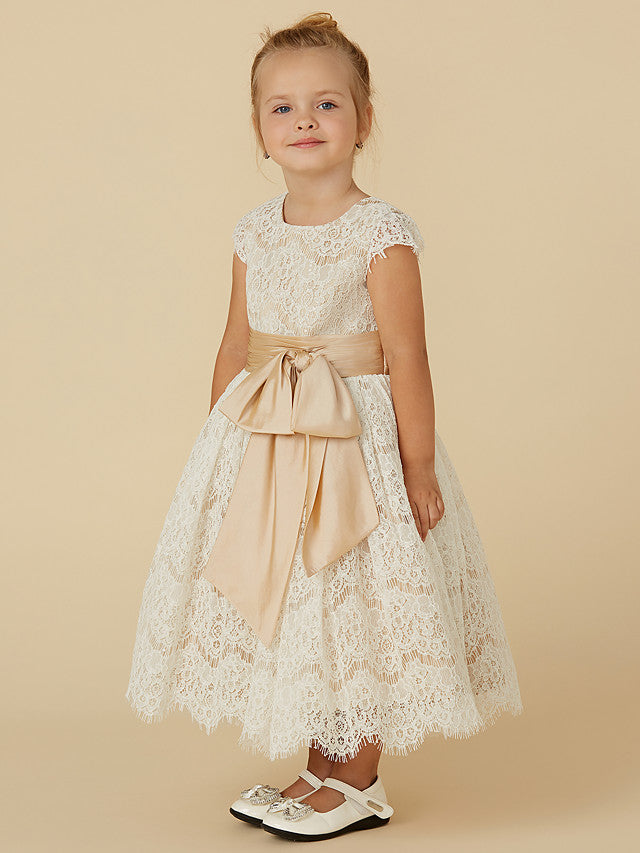 A-Line Tea Length Short Sleeve Jewel Neck Flower Girl Dresses with Lace Taffeta and Sash Ribbon Bow