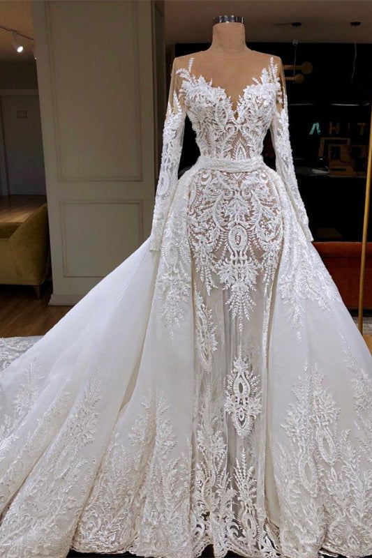 Glamorous Lace Mermaid Wedding Dress with Detachable Skirt - Long Sleeves