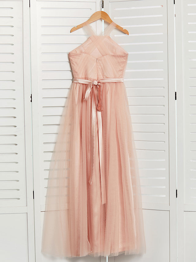 A-Line Halter Neck Maxi Tulle Bridesmaid Dress with Sash Ribbon Beading for Weddings