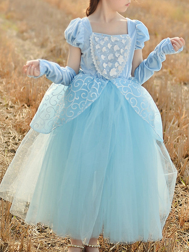 Princess Short Sleeve Flower Girl Dress Cotton With Beading Appliques & Paillette