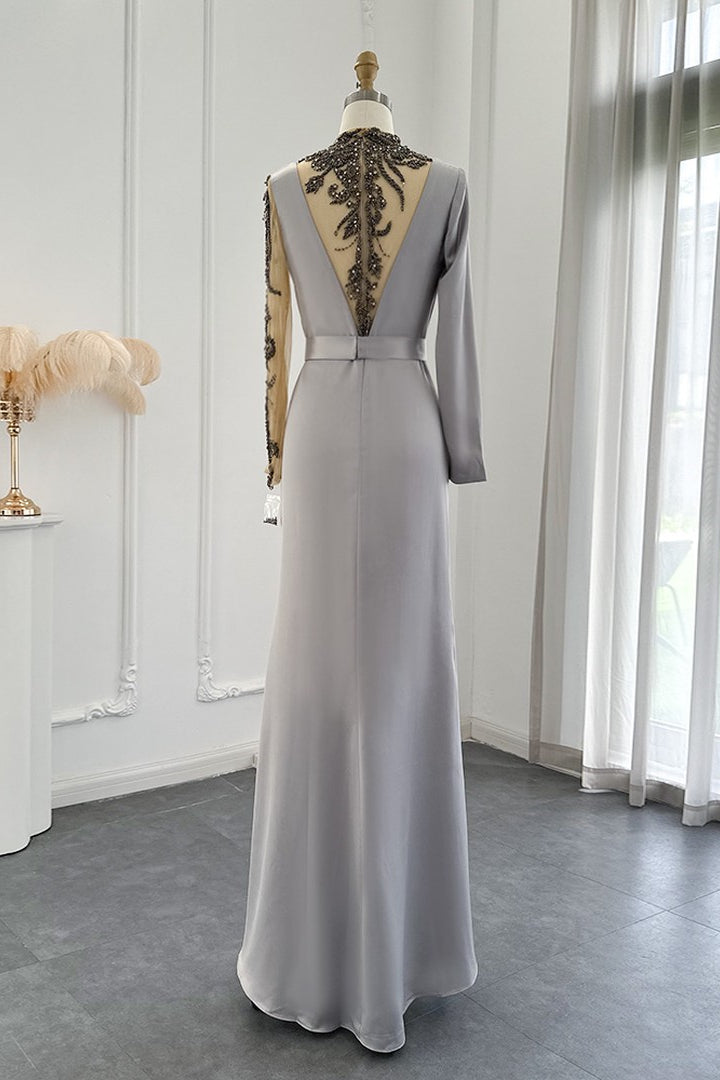 Mermaid Evening Dress with Appliques - Jewel Neck and Long Sleeves Floor Length