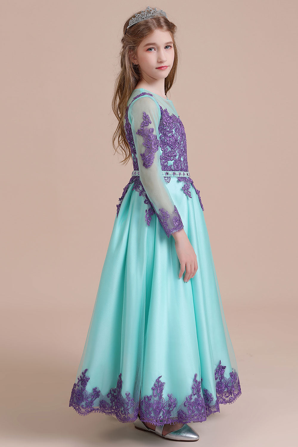 Chic Long Sleeve Jewel A-line Flower Girl Dress with Tulle Appliques