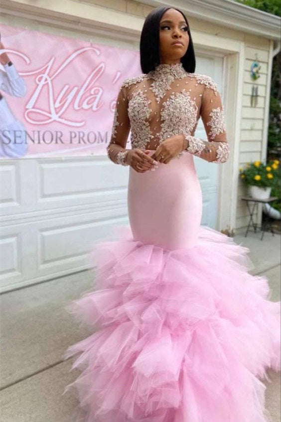 Stunning Pink Tulle Mermaid Prom Dress With Lace Appliques