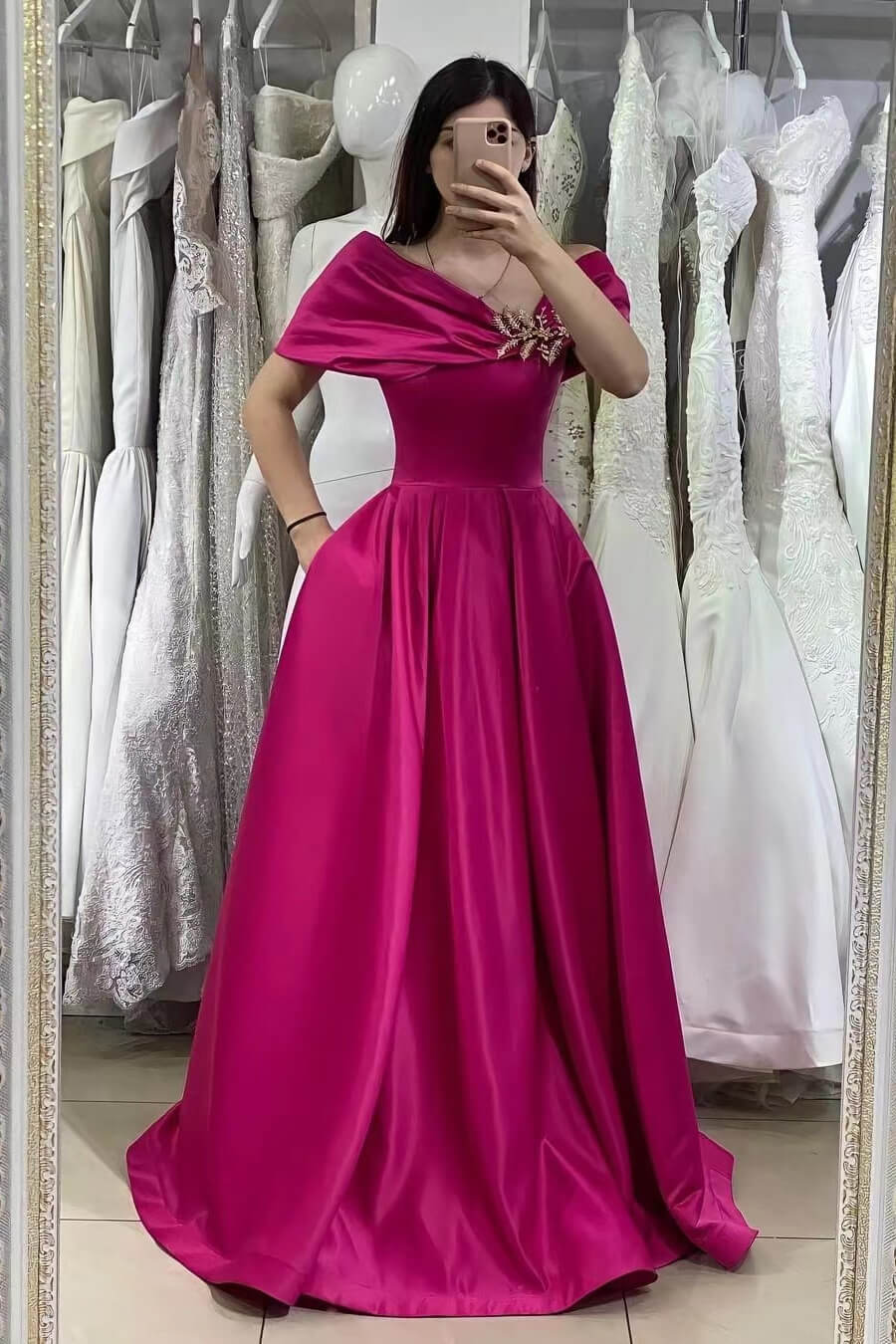 A-Line Prom Dress in Fuchsia with Beadings - Gorgeous Off-The-Shoulder Mermaid Look