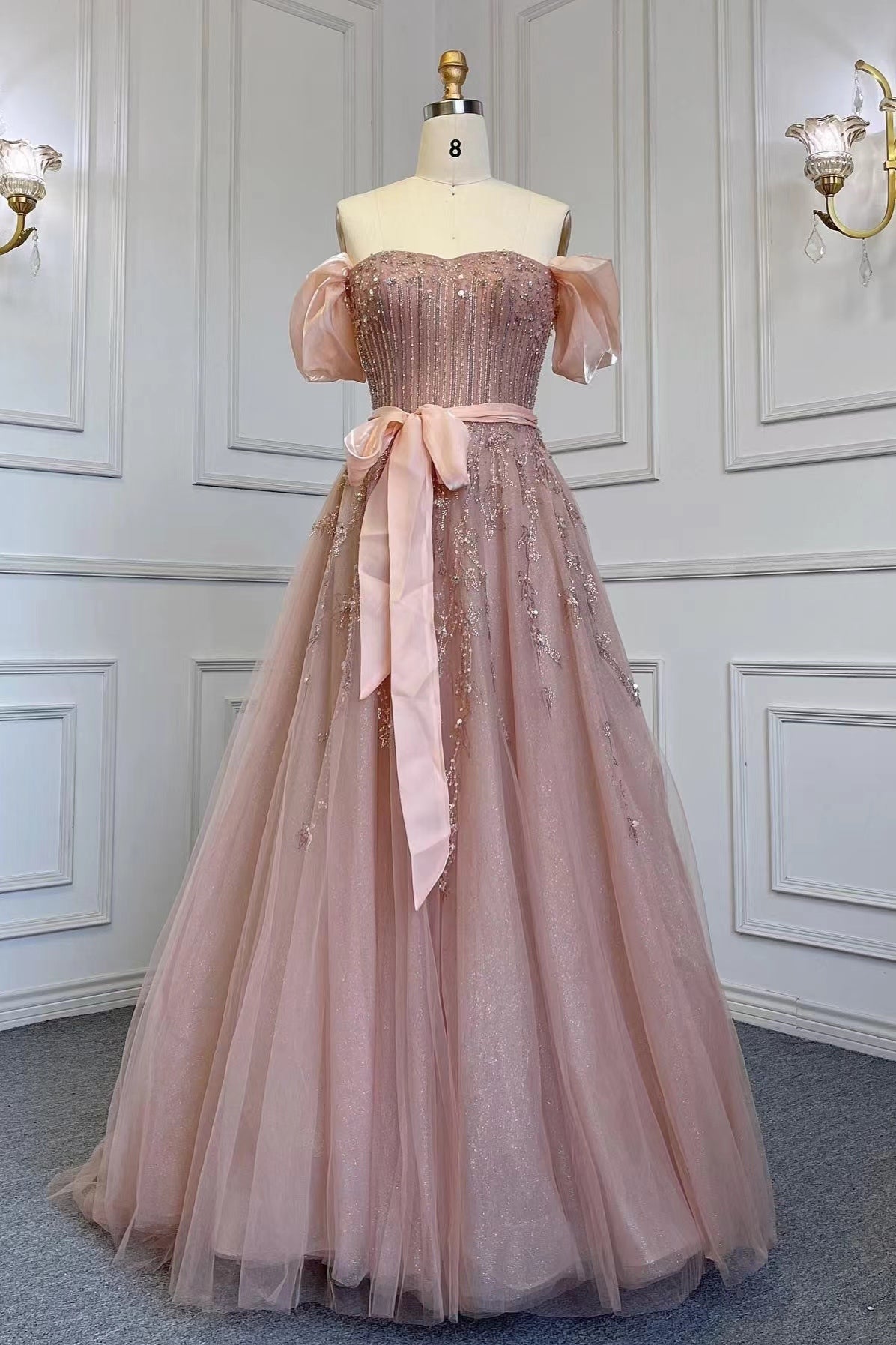 Pink Off-The-Shoulder Bubble Sleeves Prom Dress with Sequins and Tulle Belt