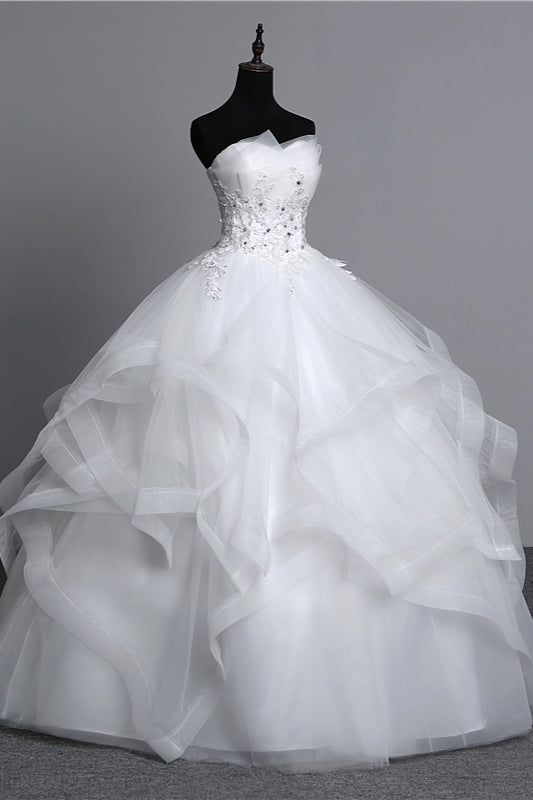 Gorgeous Long Ball Gown Strapless Wedding Dress with Tulle Layers and Appliques Beadings