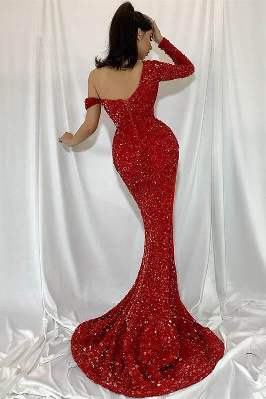 Red Mermaid Sequins Prom Dress with One Shoulder Split